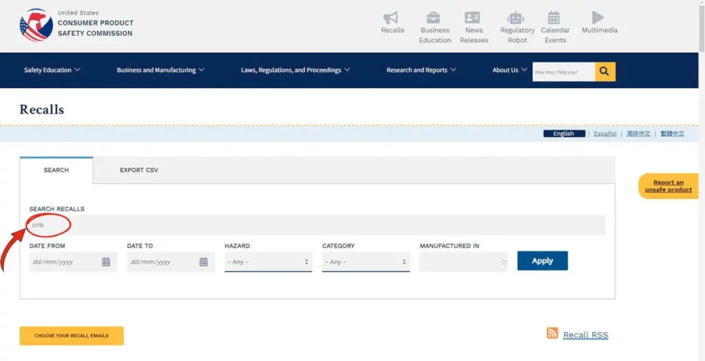 Finding a Crib Recall on the CPSC Website